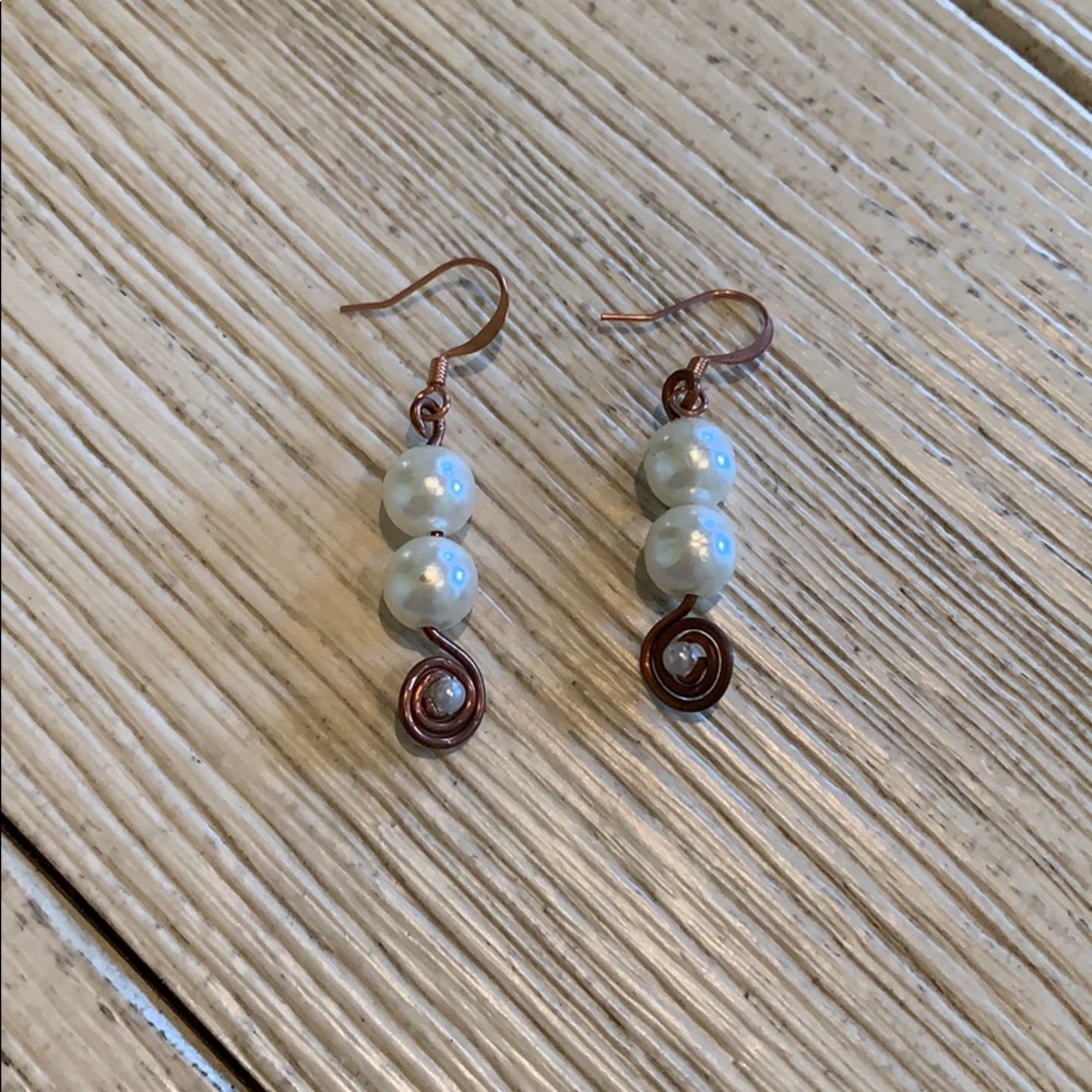 HANDMADE copper and faux pearl earrings